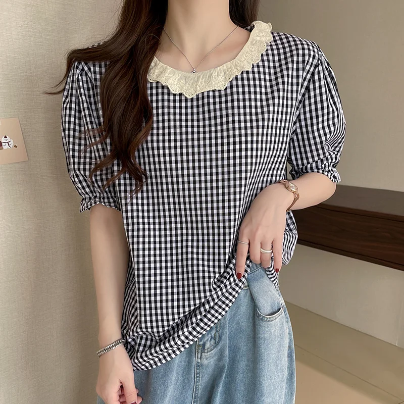 XL-4XL large size plaid blouses 2023 summer new oversized loose short sleeve shirts retro pullover tops female clothing