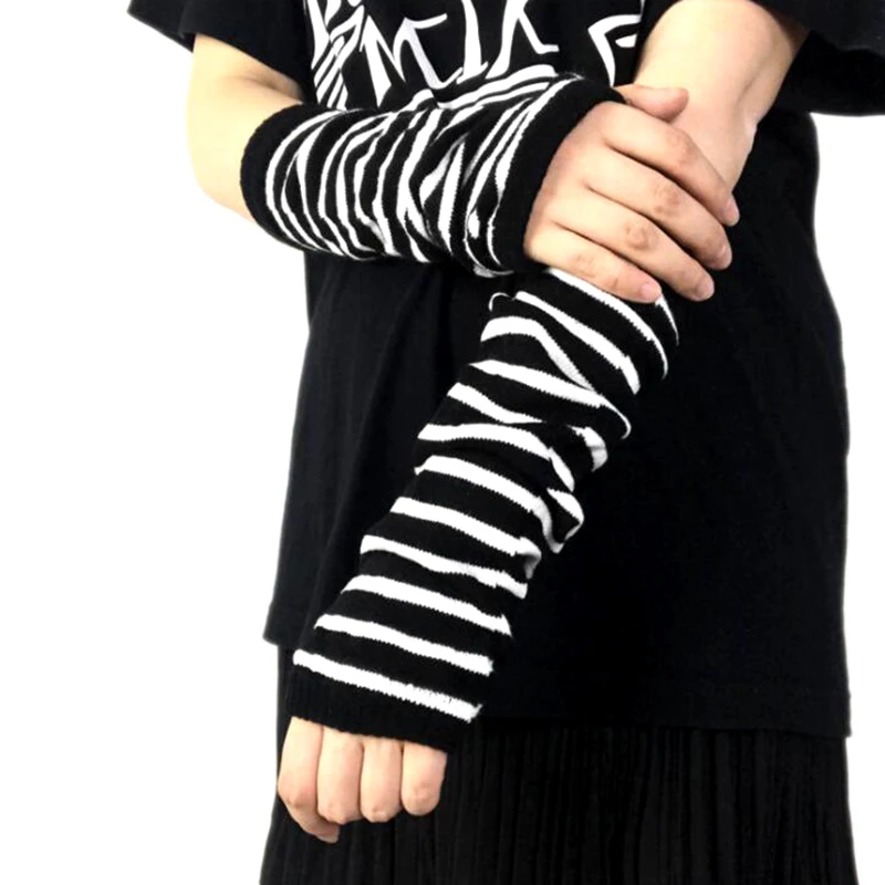 Men Women's Summer Winter Long Knitted Stripe Hip-Hop Emo Gothic Lolita Black Fingerless Gloves Girls Boys Arm Warmers Gloves knitted gloves warm gloves fingerless gloves