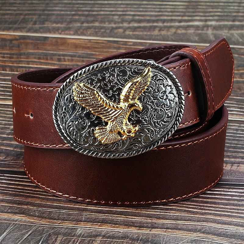 男性と女性のための革のベルト,イーグルバックル付きベルト,動物の