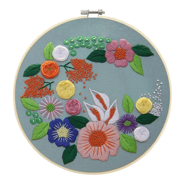 Classic Flowers Embroidery Set Needlework Tools Printed Beginner Embroidery  Kit Round Cross Stitch Kit DIY Sewing Craft Kit