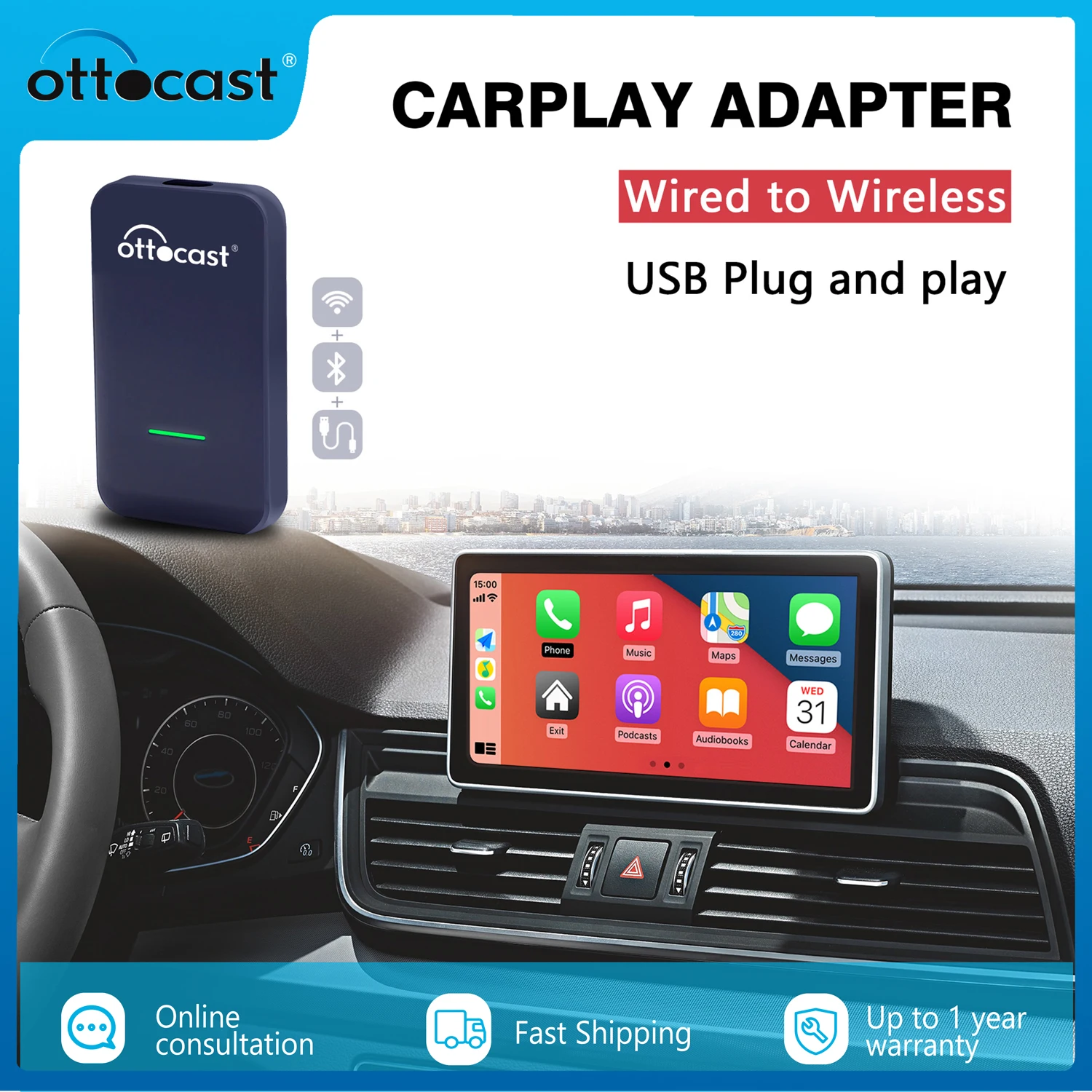 Ottocast Wired To Wireless Carplay Adapter For Apple Carplay Mini Box
