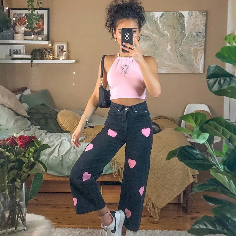 2023 Fashion Jeans Sexy High Street Denim Washed Fashion Straight Leg Pants Love Printed Denim Trousers Y2K Fashion Girl Jeans