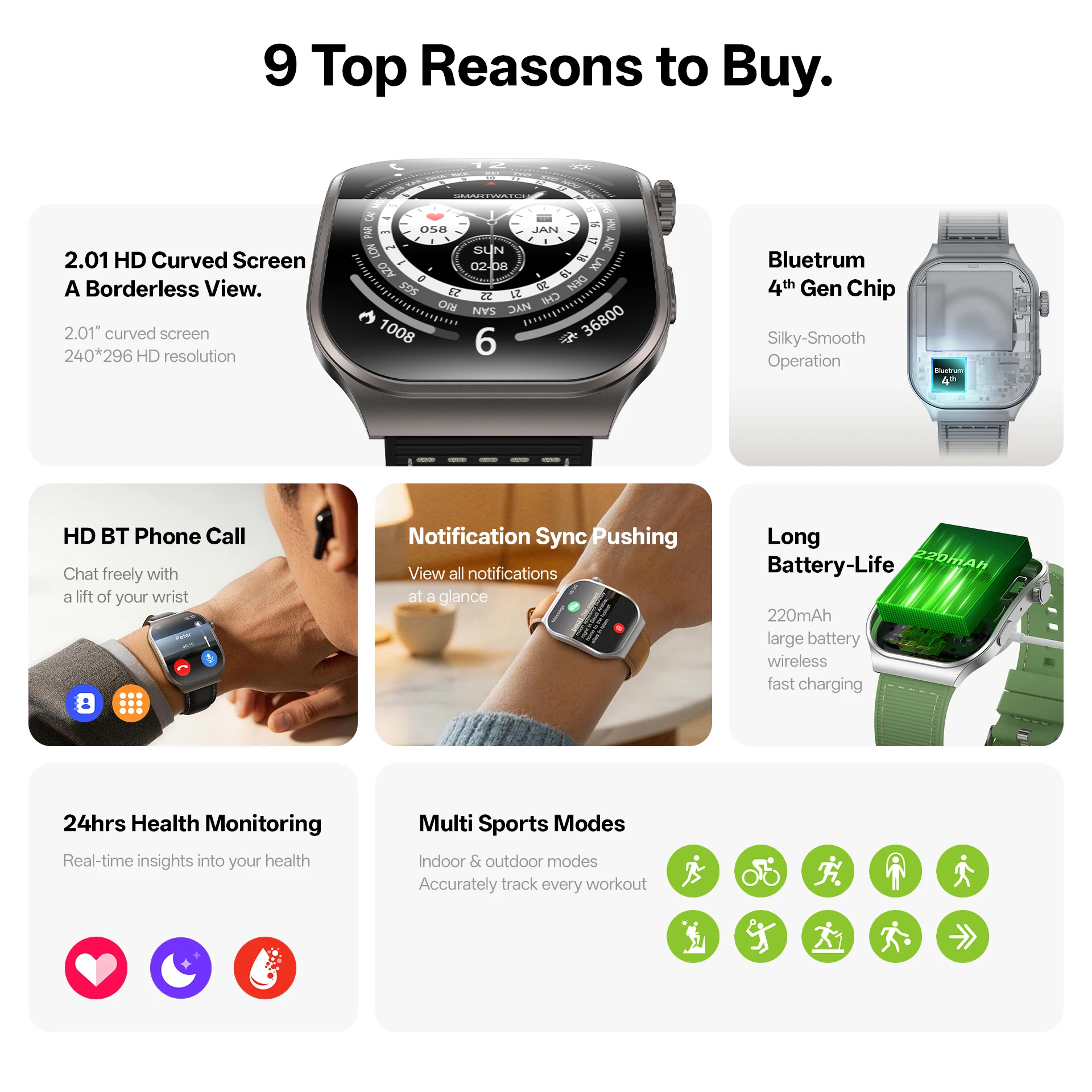 2026 New Bluetooth Call Smart Watch for Men 2.01" HD Curved Screen Sports Watch Health Monitor Smart Watch for Android iOS 3