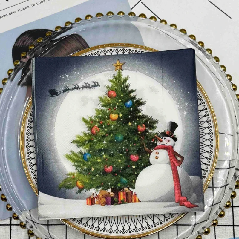 10/20p Christmas Party Decoration Paper Christmas Tree Snowman Printed Napkin Element Wine Glass Flower Paper Placemat