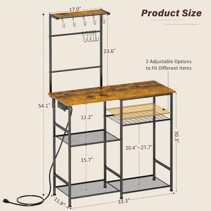Bakers Rack with Power Outlet, Kitchen Microwave Stand with 10 S-Shaped Hooks, 6-Tier Coffee Bar Station 2