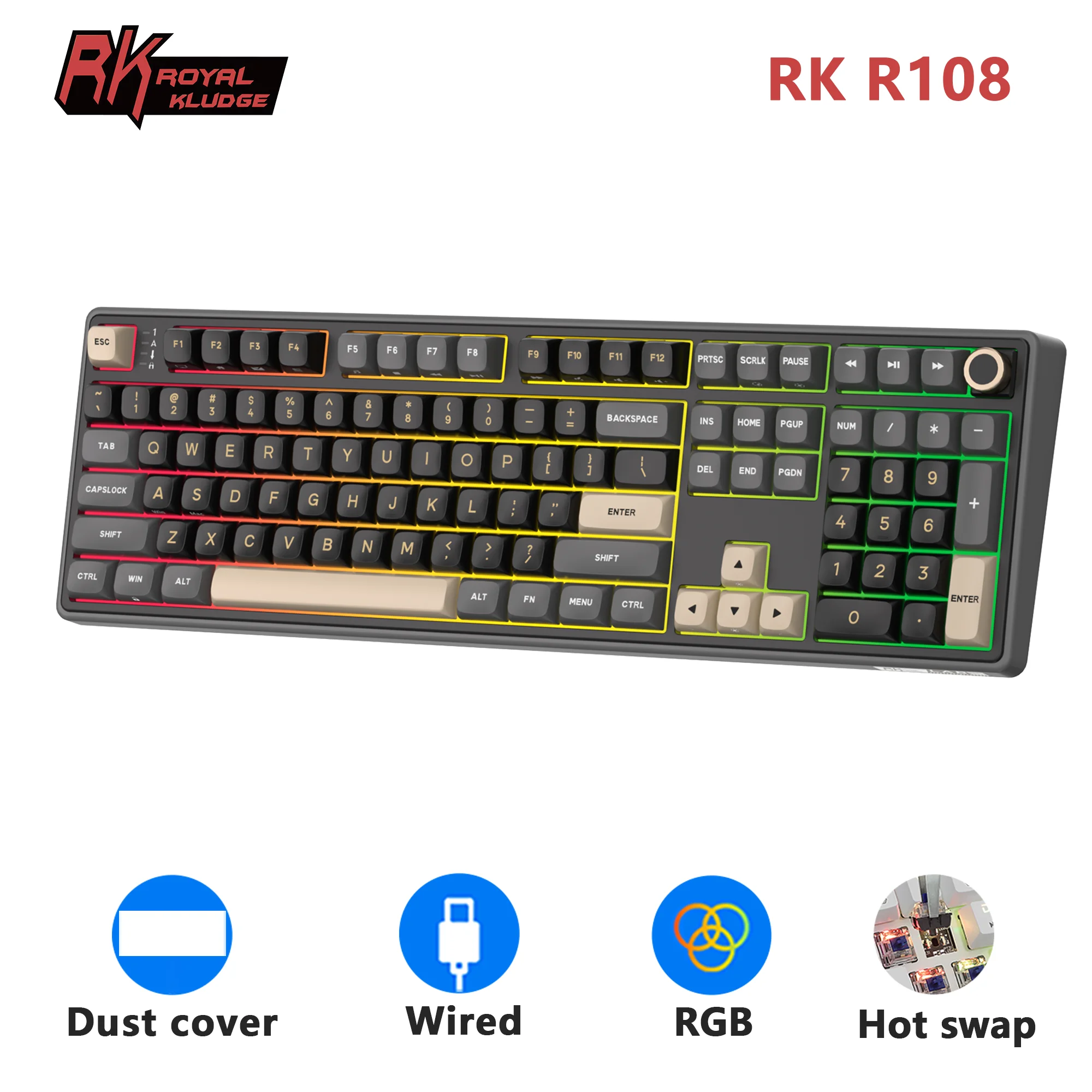 RK Royal Kludge R108 유선 게이머 키보드 100% 108 키 MDA PBT 키캡 가스켓 RGB 핫스왑 가능 기계식 키보드 볼륨 노브