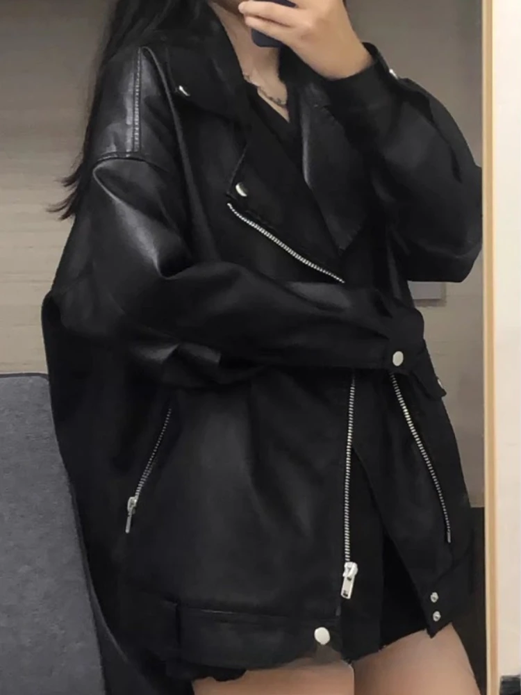 Vestes en similicuir PU noir pour femmes, style motard européen, couleur unie, coupe oversize décontractée