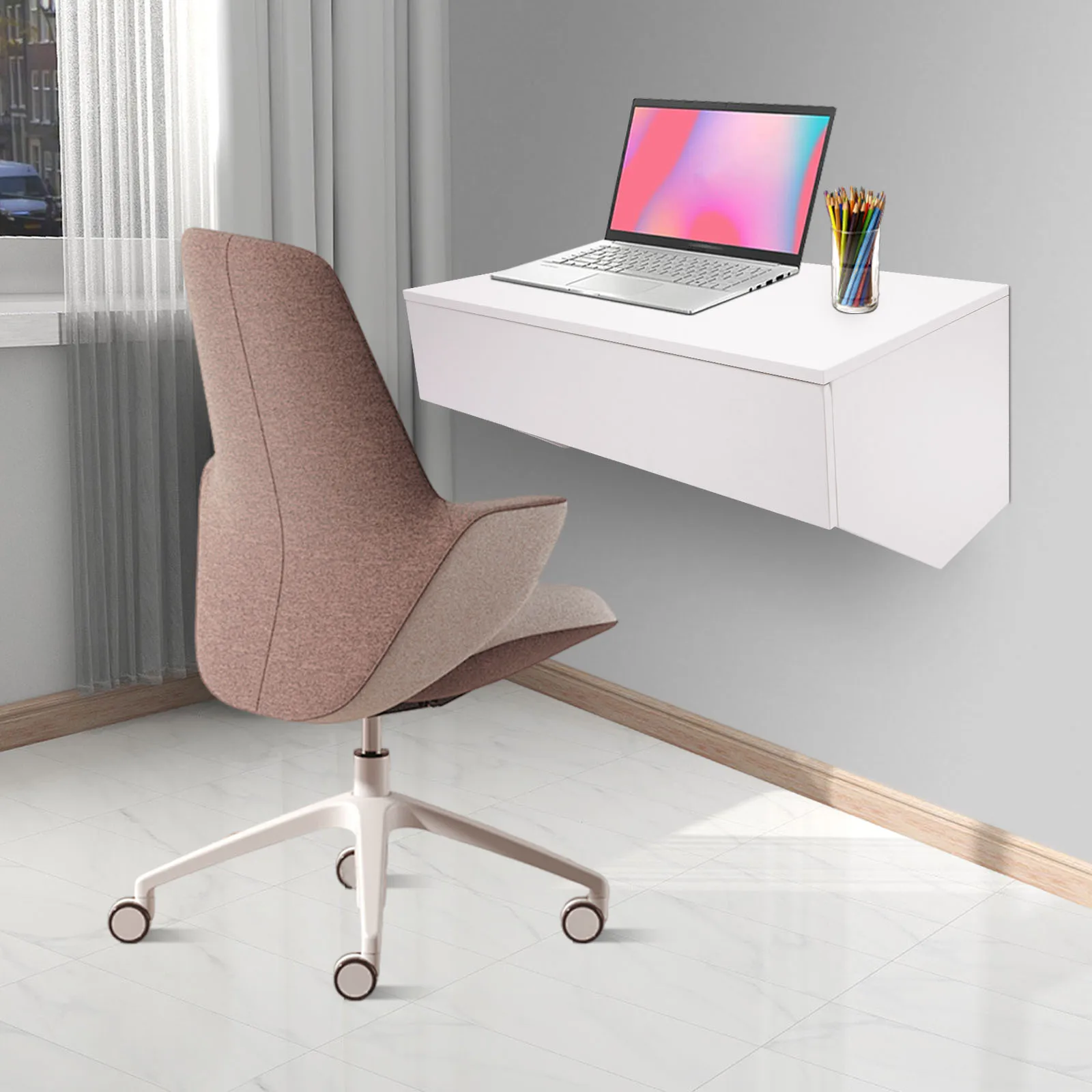 Floating Desk with Pull Out Drawer, Wall Mounted Laptop Computer Write Study Table Multifunctional Workstation Office Organizer 4