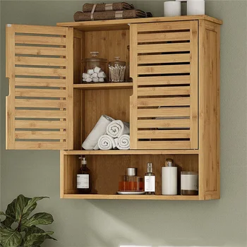 Natural Bamboo Bathroom Cabinet Wall Mounted Kitchen Cabinet Cupboard Storage Organizer 3 Tier Shelf 2