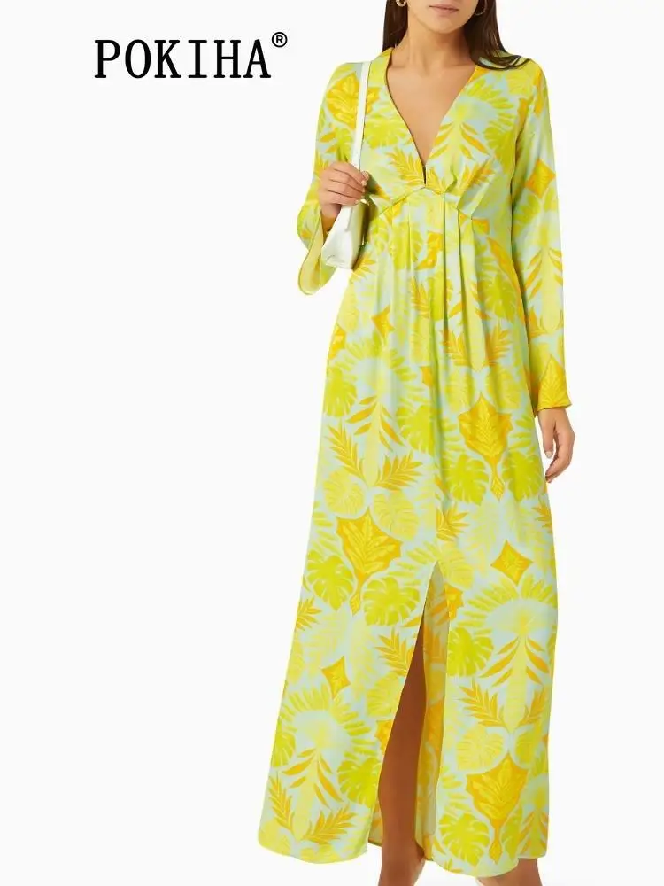 

KAAAZI Elegant 2023 Autumn Fashion Women Print Split Maxi Dress Vintage V Neck Long Sleeve Dresses Female Chic Robe Vestidos