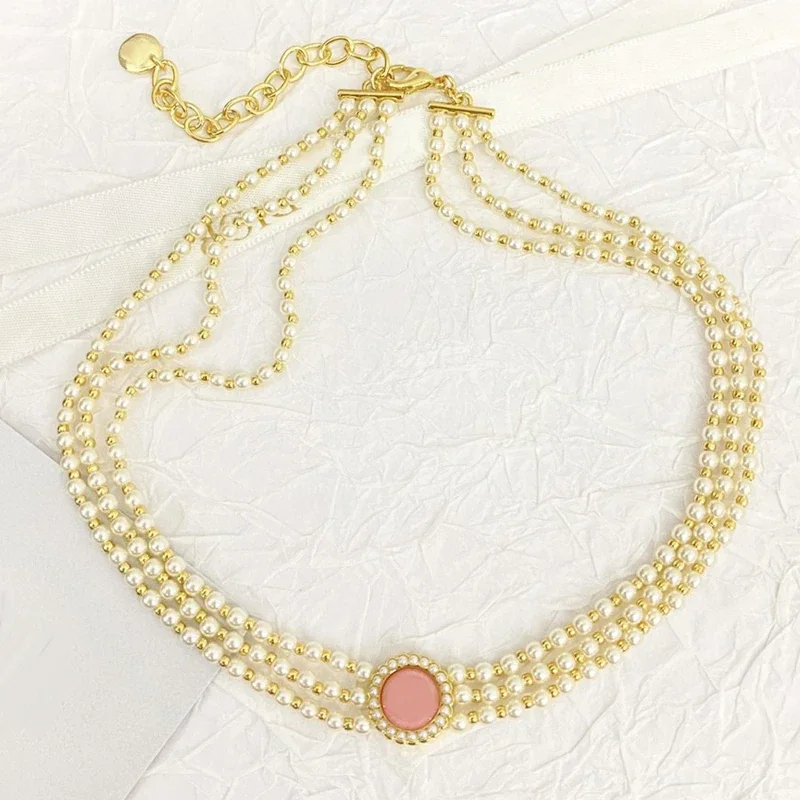 

Hot Luxury Brand Fashion Pearl Necklace Metal Line Shiny Short Clavicle Chain Sun Flower Pink Stone Bead Women Jewelry Gift