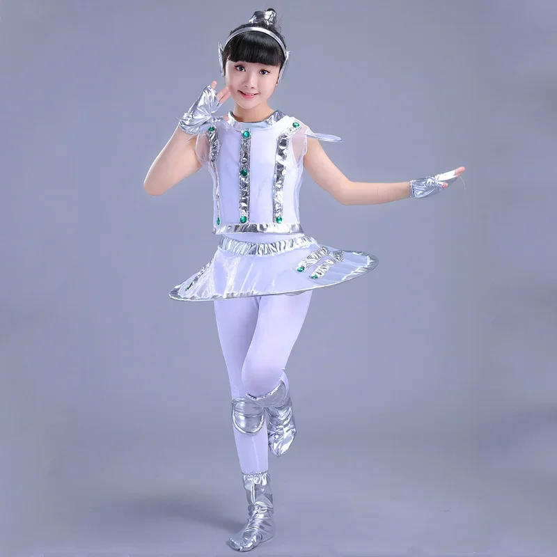 Kids Robot Costume White Silver Astronaut Performance Space Stage Dance Show Time Clothing Unisex Dance Clothes Boy or Girl cosplay costume,kids girls dress