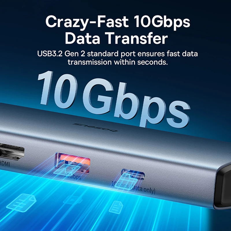 Baseus-hub Usb tipo c 10gbps 4k 60hz Hdmi Rj45 Ethernet pd 100w para Macbook Ipad Sumsang pc Tablet Telefone Usb 3.2 Hub Gen 2 - Imagem 5
