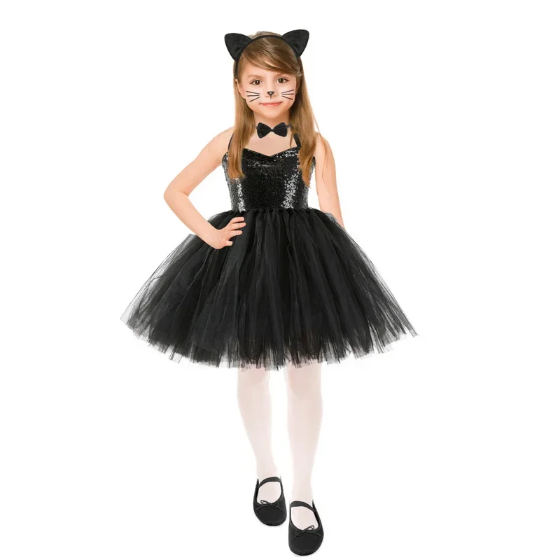 Halloween Child Animal Cat Cosplay Girls Costume Sequins Nylon Mesh Tutu Dress Headdress Tail Kids Birthday Party Fancy Dresses cosplay costume animal tutu skirt outfit kids girls dress halloween dress outfit