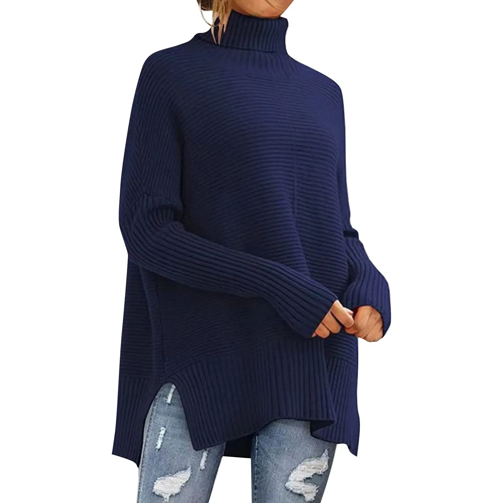 

Autumn Winter Women's Sweaters Turtleneck Women Pulovers Side Split Knitted Jumpers Solid Color Sweater Oversize Pull For Women