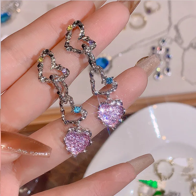 Cool Y2K Orecchini Pendenti A Forma Di Cuore Hot Girl Harajuku Creative Planet Pink Crystal Love Earings Moda Per Le Donne Gioielli Punk