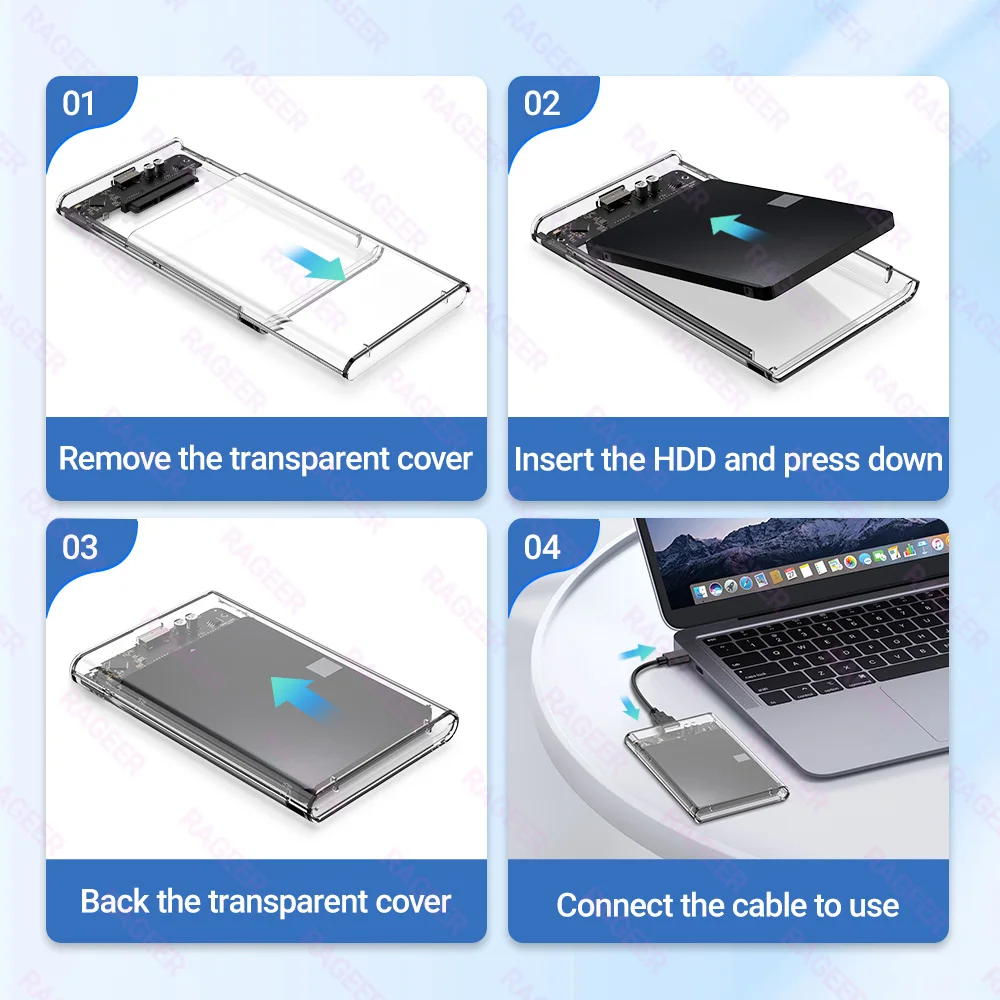 레이지어 2.5 외장 하드 드라이브 엔클로저 USB 3.0 to SATA 투명 하드 디스크 케이스 (7mm/9.5mm SATA HDD/SSD 최대 6TB 지원, UASP 지원)