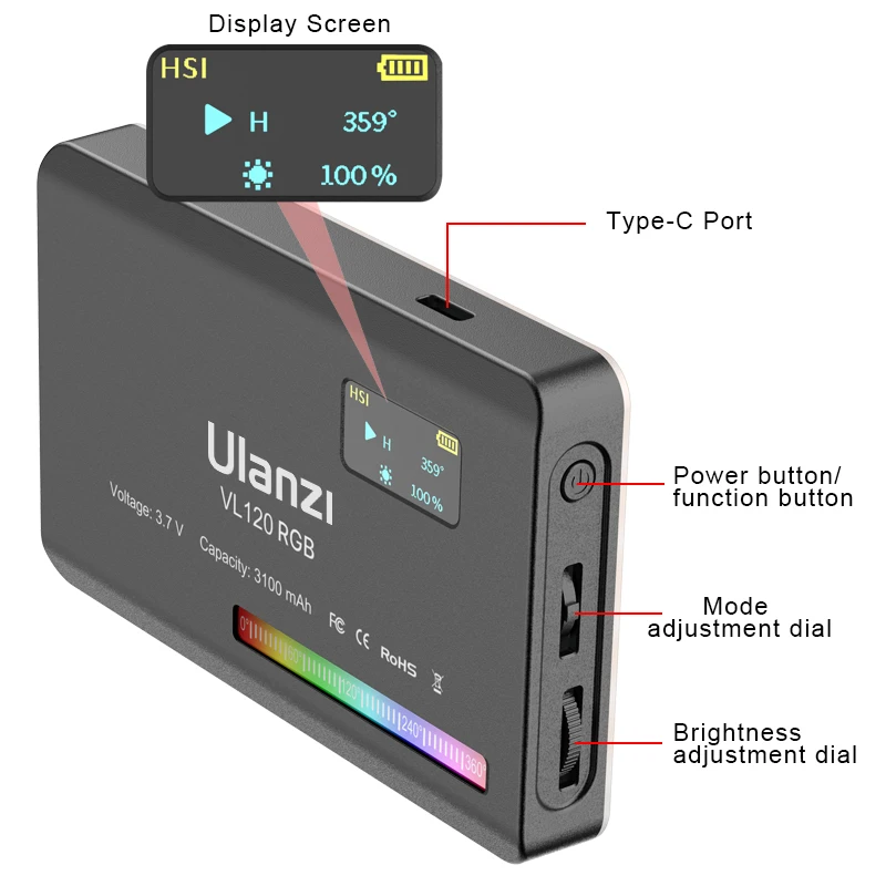 Ulanzi VL120 RGB LED Video Light Camera Light Full Color Rechargeable 3100mAh Dimmable 2500-9000K Panel Photo Studio Lamp