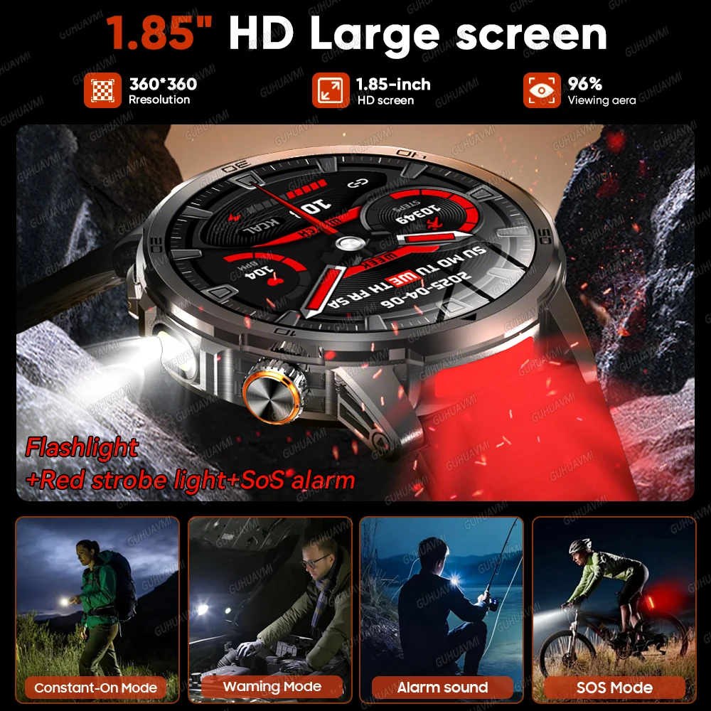 2026 New Military Ultra 1000mAh Battery Smart Watch 1.85 "HD Large Screen IP69K Waterproof LED Flashlight Sports Smartwatch Men 4