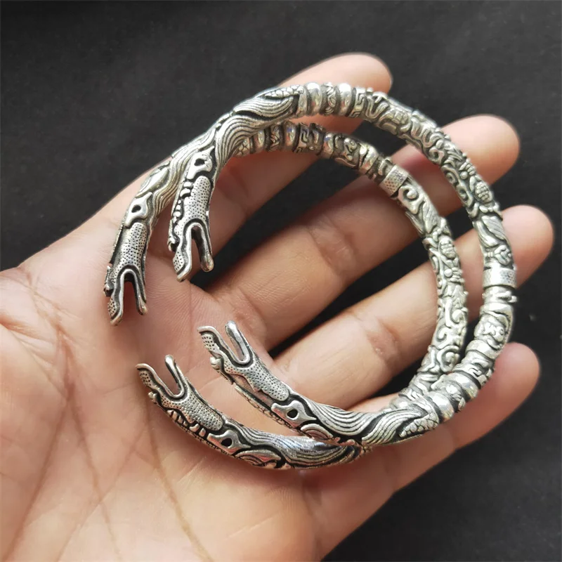 

Hot Selling Natural Hand-carved Bangle Tibetan Silver Dragon Head Pair Fashion Jewelry Bracelet Accessories Men Women LuckGifts1