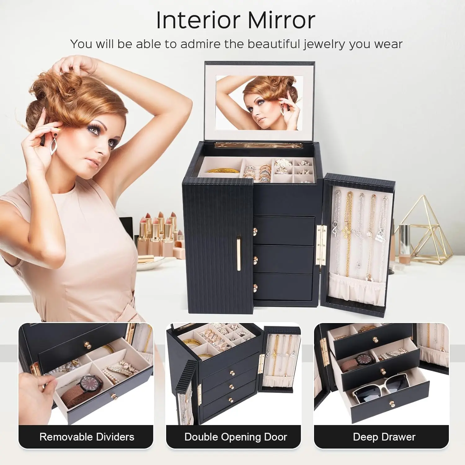 A large jewelry box with 3 drawers, a jewelry storage box for necklaces, rings, bracelets, watches, and mirrors 5