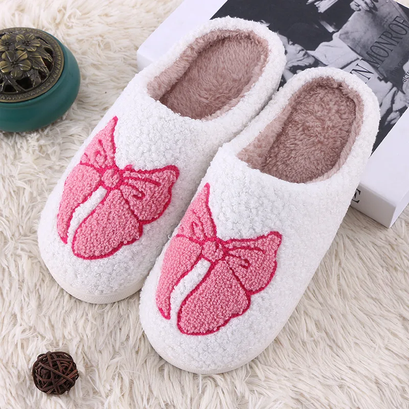 Women's Lovely Pretty Bow Flowers Slippers Men Cartoon Soft Warm Sandals Females Cute Plush Cotton Flat Slides For Autumn Winter 2