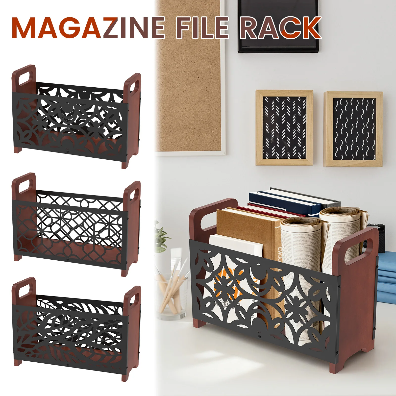 Rustic Wood and Metal Magazine Holder with Handle - Desktop Organizer and Decorative Storage Basket