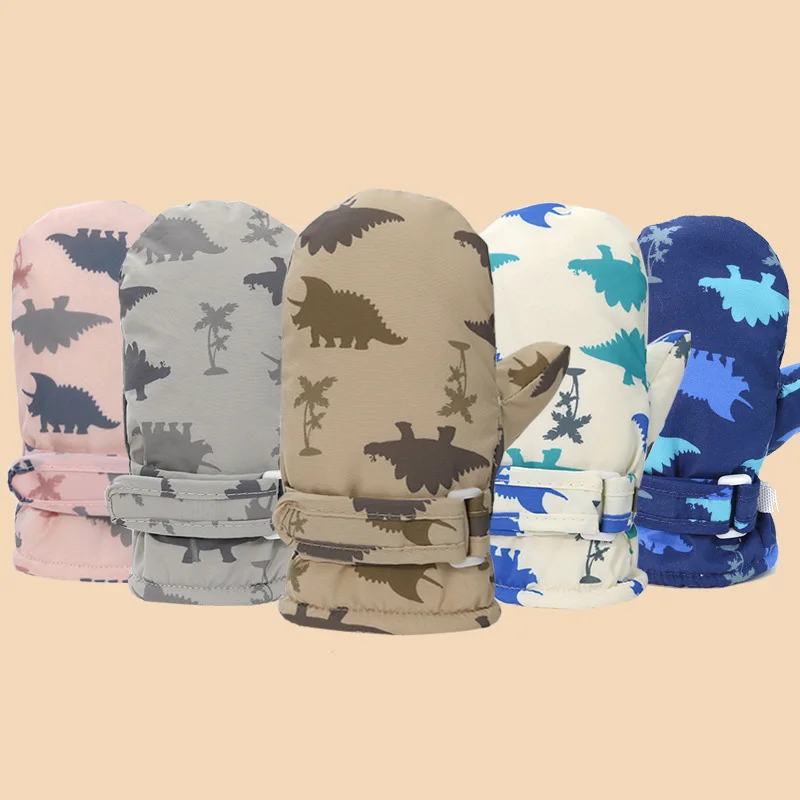 Windproof Waterproof Children Skiing Gloves Velvet Liner Warm Fingerless Gloves Dinosaur Print Baby Mittens 1-4year Plush Glove