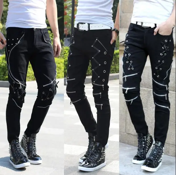 

2022 Spring New Men's Punk Skinny Pants Cotton Casual Zipper Gothic Black Trousers 26