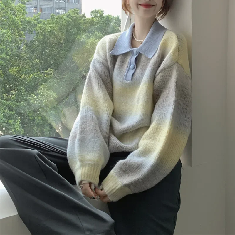 여성용 두꺼운 루즈핏 니트 스웨터, 폴로 칼라, 여유로운 감성, 니치 패션, 가을 및 겨울 상의, 2023 새로운 스타일