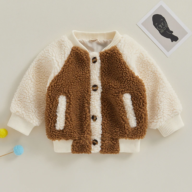 FOCUSNORM 0-4Y Autumn Winter Toddler Baby Boys Fleece Coat Contrast Color Long Sleeve Button Cardigan Jacket Outwear