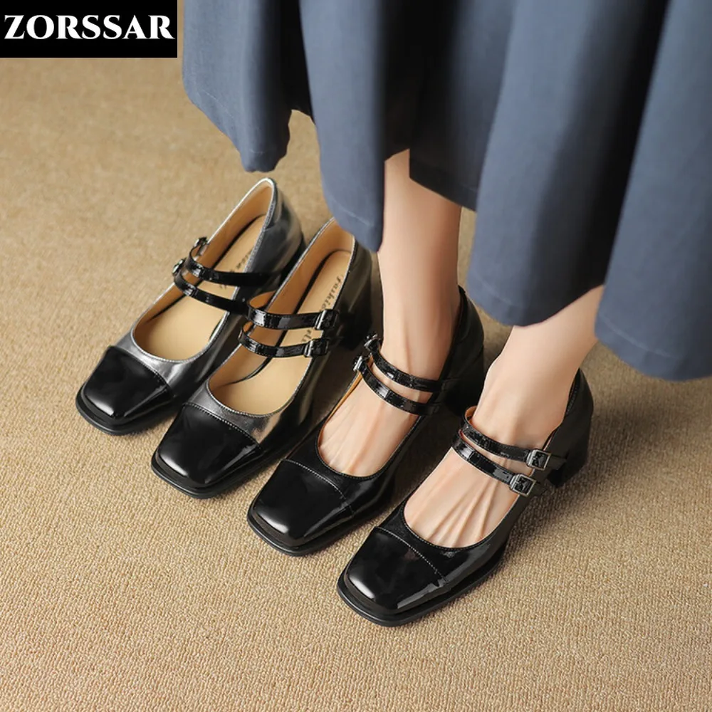 

5.5cm Heels Black Silver Buckle Women Square Toe Pumps Genuine Leather Mary Jane Shoes Chunky Heels Office Pumps Big Size 33-40