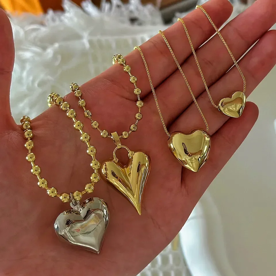 

10 шт. популярное ожерелье с кулоном в форме сердца с покрытием из 18-каратного золота, медные бусины и звеньевая цепь, ювелирное ожерелье, искусственное ожерелье для женщин на день рождения
