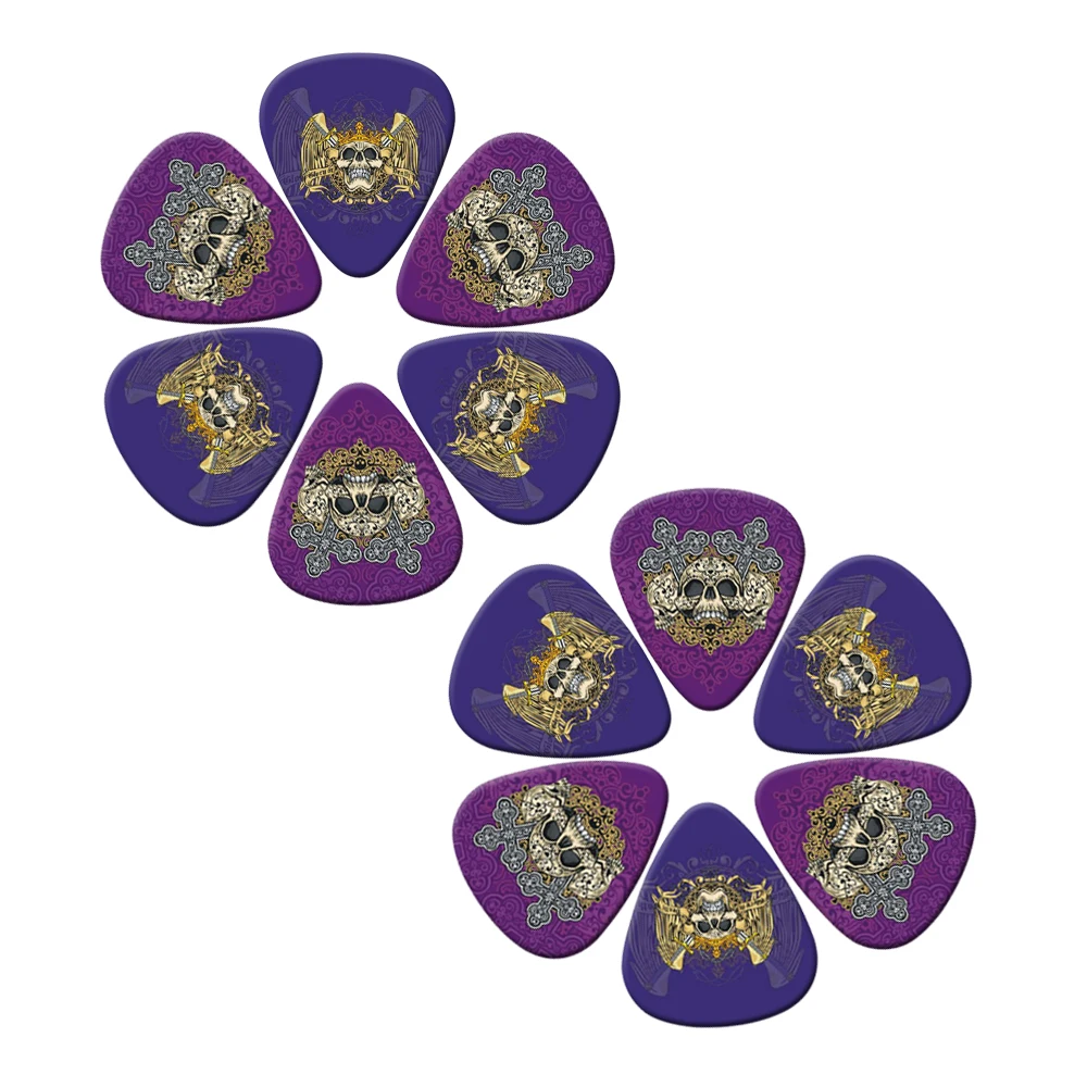 Guitar Picks 10Pcs/lot 0.71 0.46 1.0mm Thickness Cartoon Golden Skull Pattern Guitar Paddles Parts Accessories