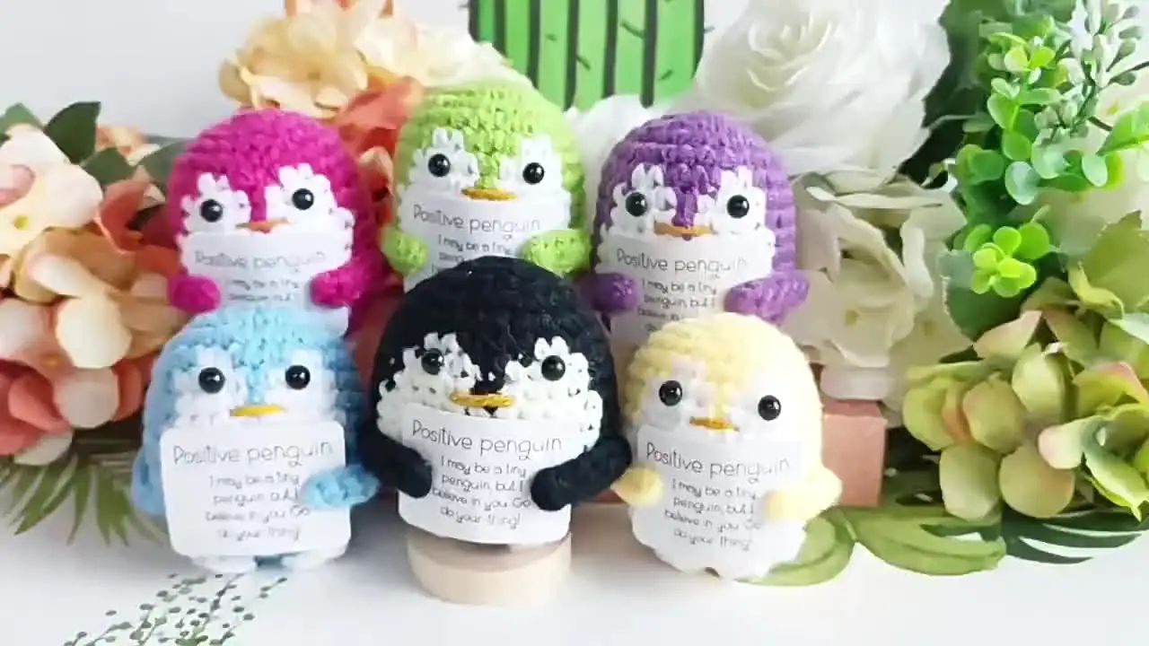 Handmade Positive Penguin, Crochet With Cowboy Hat Emotional Doll Support Crocheted Knitted Animal Inspirational Motivational Gift Home Office Decor