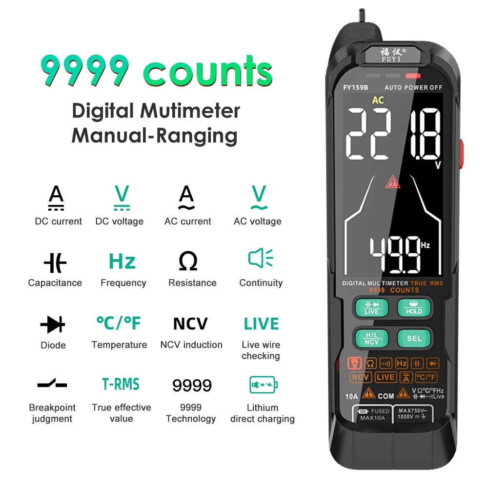 

Usb Charge Digital Multimeter Smart Professional 9999 Counts Auto Range 1000V 10A Tester Ohm Hz Capacitance True RMS Multimeter