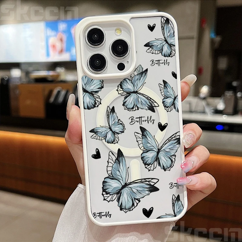 Butterfly Magnetic Transparent Phone Case with Matte Wireless Charging Cover