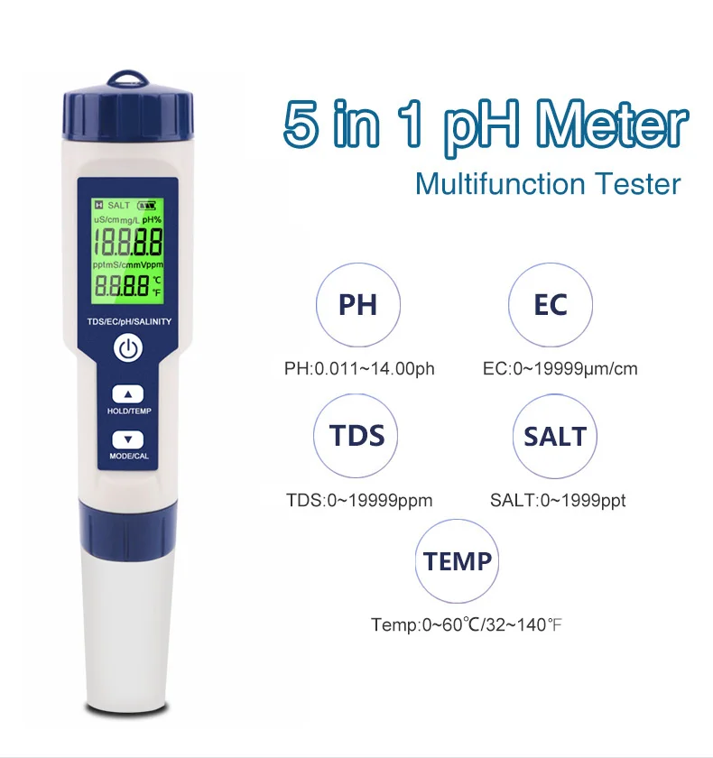 NOYAFA EZ-9909 5 in 1 TDS/EC/PH/Salinity/Temperature Meter Digital Water Quality
