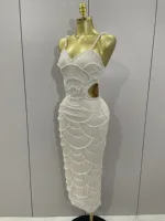 Women Hot Sale Sleeveless Sexy Strap Pearl Beading Sequins Bodycon Long Dress Celebrate Evening Party Birthday Outfit Vestido - Image 2