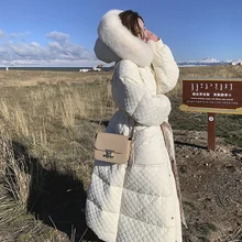 

New Winter Real Large Natural Fur Hooded Long Down Jacket Women 90% White Duck Down Coat Loose Thick Warm