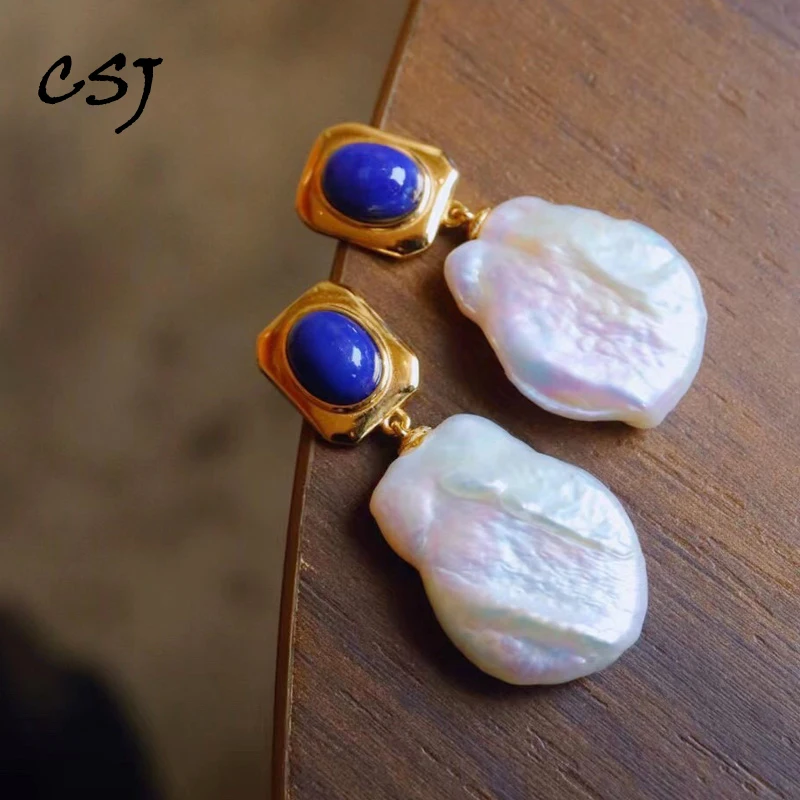 

CSJ Elegant Natural Freshwater Baroque Pearl Earrings Sterling 925 Silver Lapis Handmade Jewelry for Women Party Birthday Gift