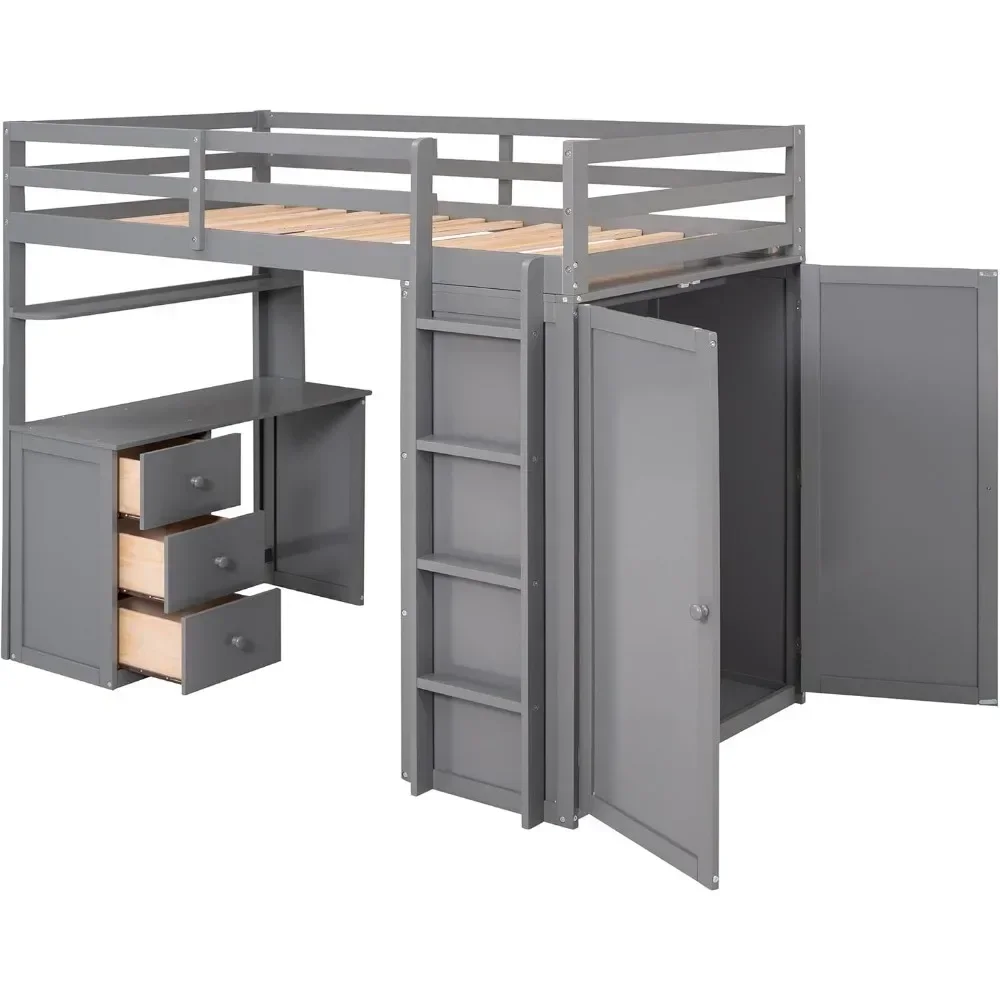 Twin Size Loft Bed Solid Wooden Loft Bed Frame with Drawers,Desk,and Wardrobe & Safety Guardrail for Kids, Boys and,GirlsTeens 5