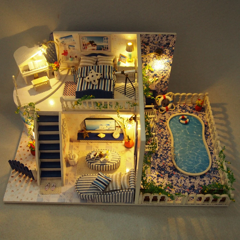 Diy Doll House Wooden Miniature Doll Houses Furniture Kit Box Puzzle Assemble Villa Pool Beach Dollhouse Toys For Christmas Gift (4)