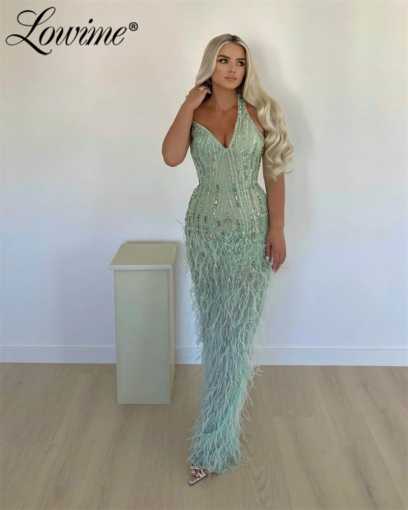 

Mint Green Feathers Arabic Party Dress V Neck Sexy Celebrity Dresses 2024 Haute Couture Beaded Crystals Women Prom Evening Gowns