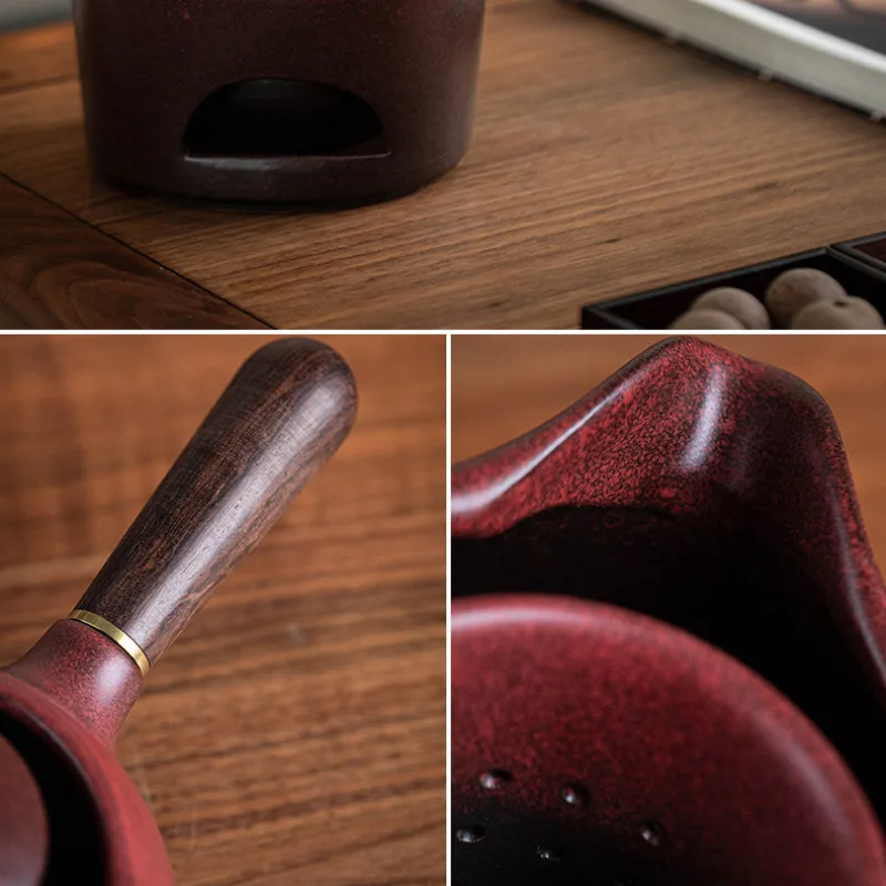 700ML Handmade Kiln Change Red Ceramic Teapot  Solid Wood Side Handle Health Pot Boiling Water Large Kettle Kung Fu Tea Set Gift