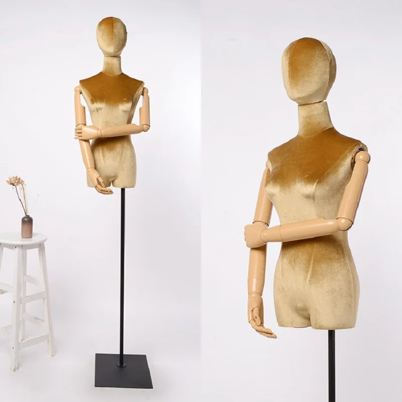 

Fabric Cover Female Half-body Mannequin Body with Black Metal Square Base for Wedding Clothing Display Dress Form