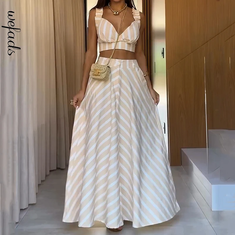 

Wefads 2 Piece Set Women Summer Elegant V Neck Striped Pinted Backless Lace Up Nipped Waist Top Loose Long Skirt Sets Streetwear