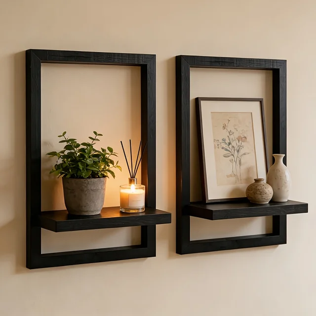 2 Pack Black Floating Shelves, Rustic Wood Wall Mount Display, Space-Saving Storage for Decor, Plants, Photos, Home & Desk 1
