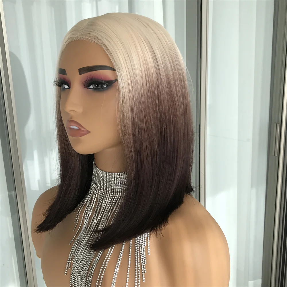 Blond to Brown Short Bob Wear and Go Glueless Wig Synthetic Lace Wigs for Women Pre Cut Pre Plucked 14inch for Daily Use