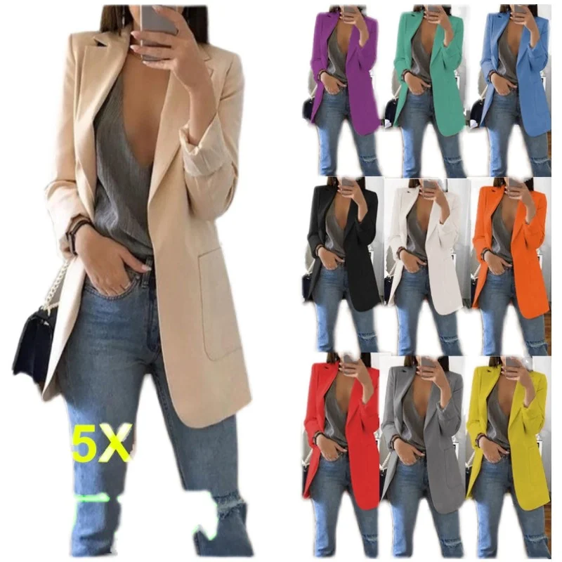 Plus Size Blazer Women Clothing Casual Cardigan Autumn Winter Overcoat Solid Large Topcoat Lapel Jacket Grace Fashion Outer Wear